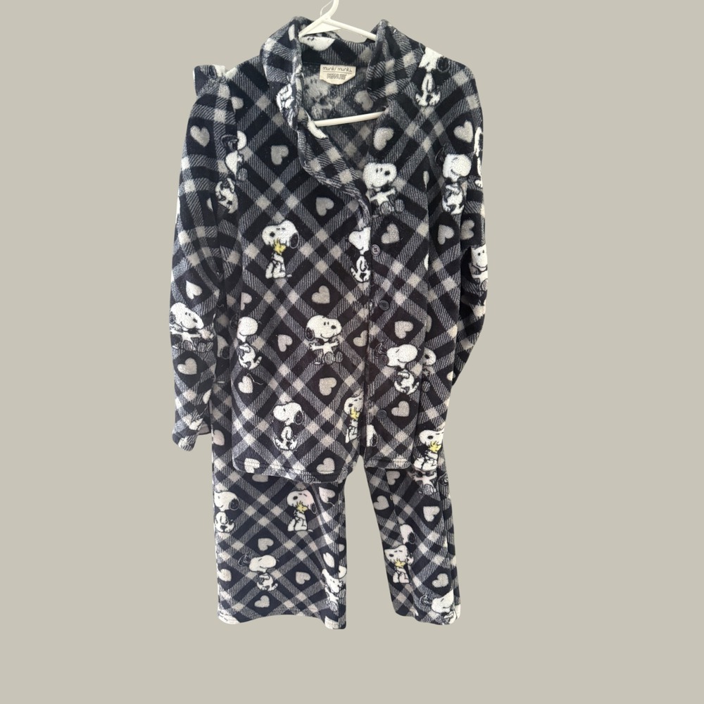 Munki Munki Peanuts Snoopy Fleece Pajama Set XL Black White Plaid Hearts Button